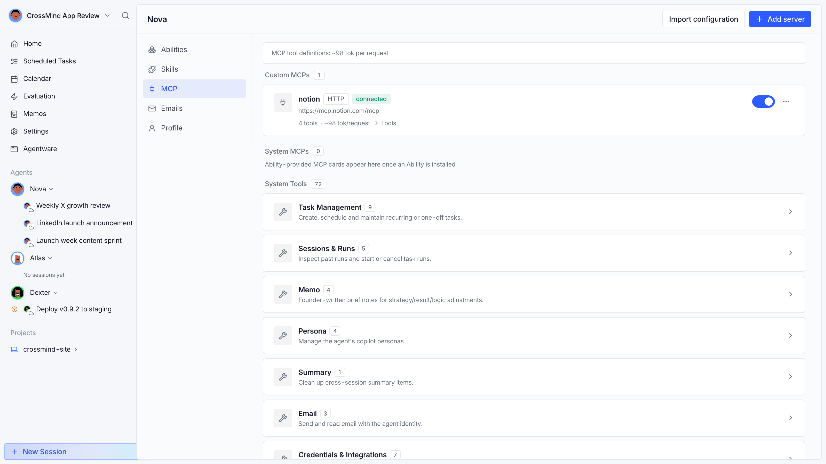 MCP tab: servers, toggles, and per-server token costs
