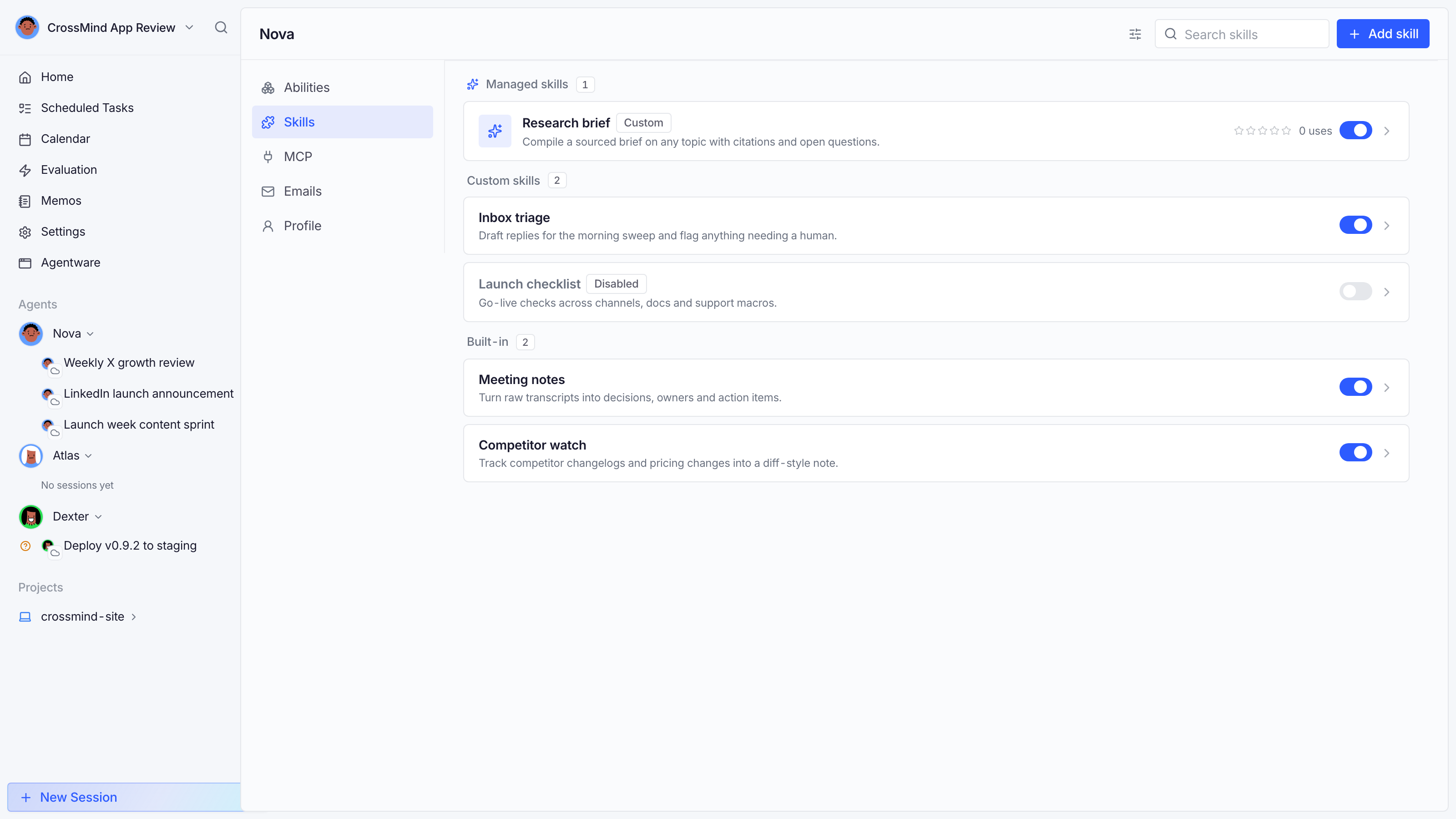 Agent skills tab: installed skills, sources, toggles