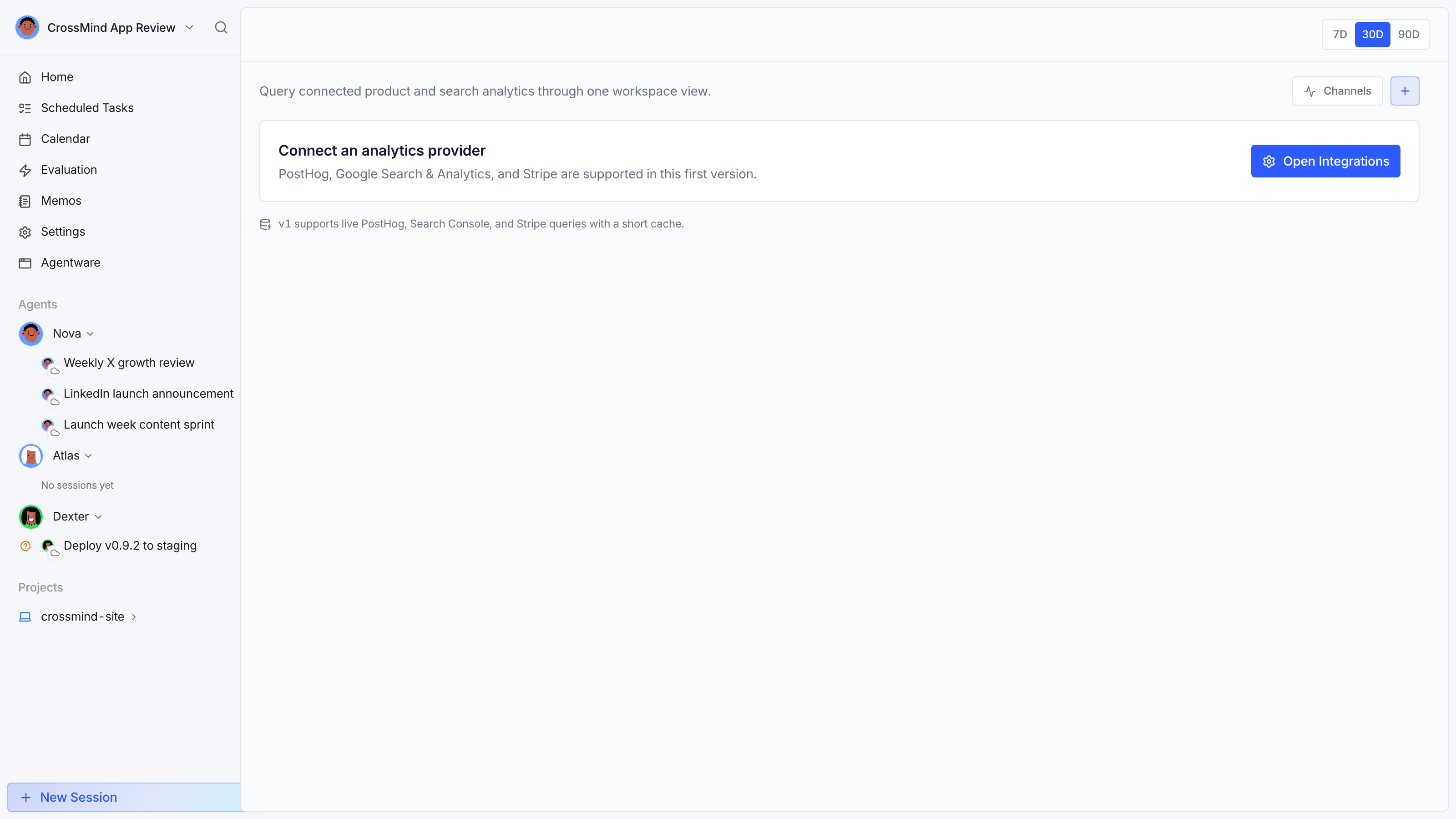 Analytics: period metric cards and provider setup cards