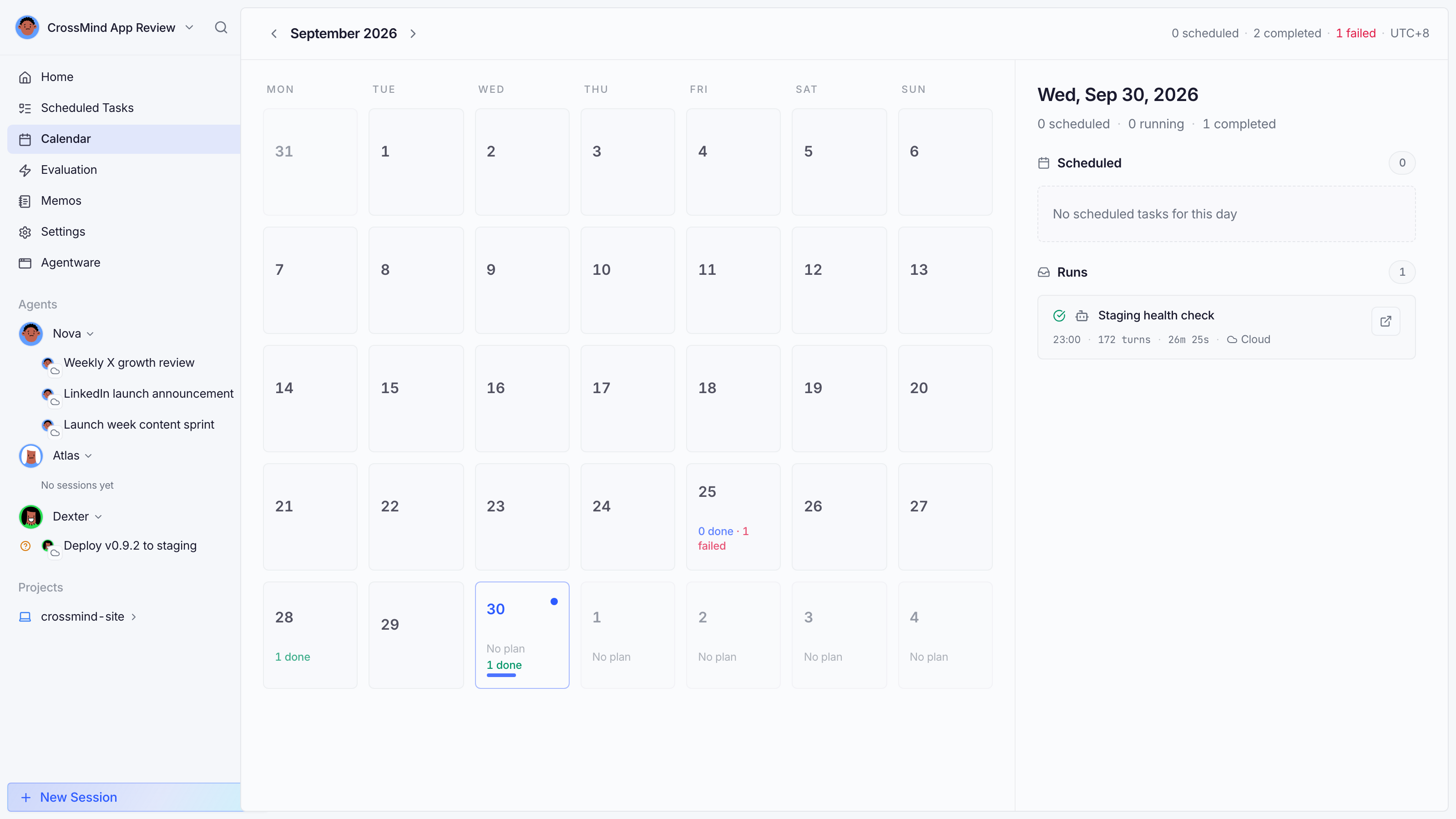 Calendar grid with schedule entries colored per agent