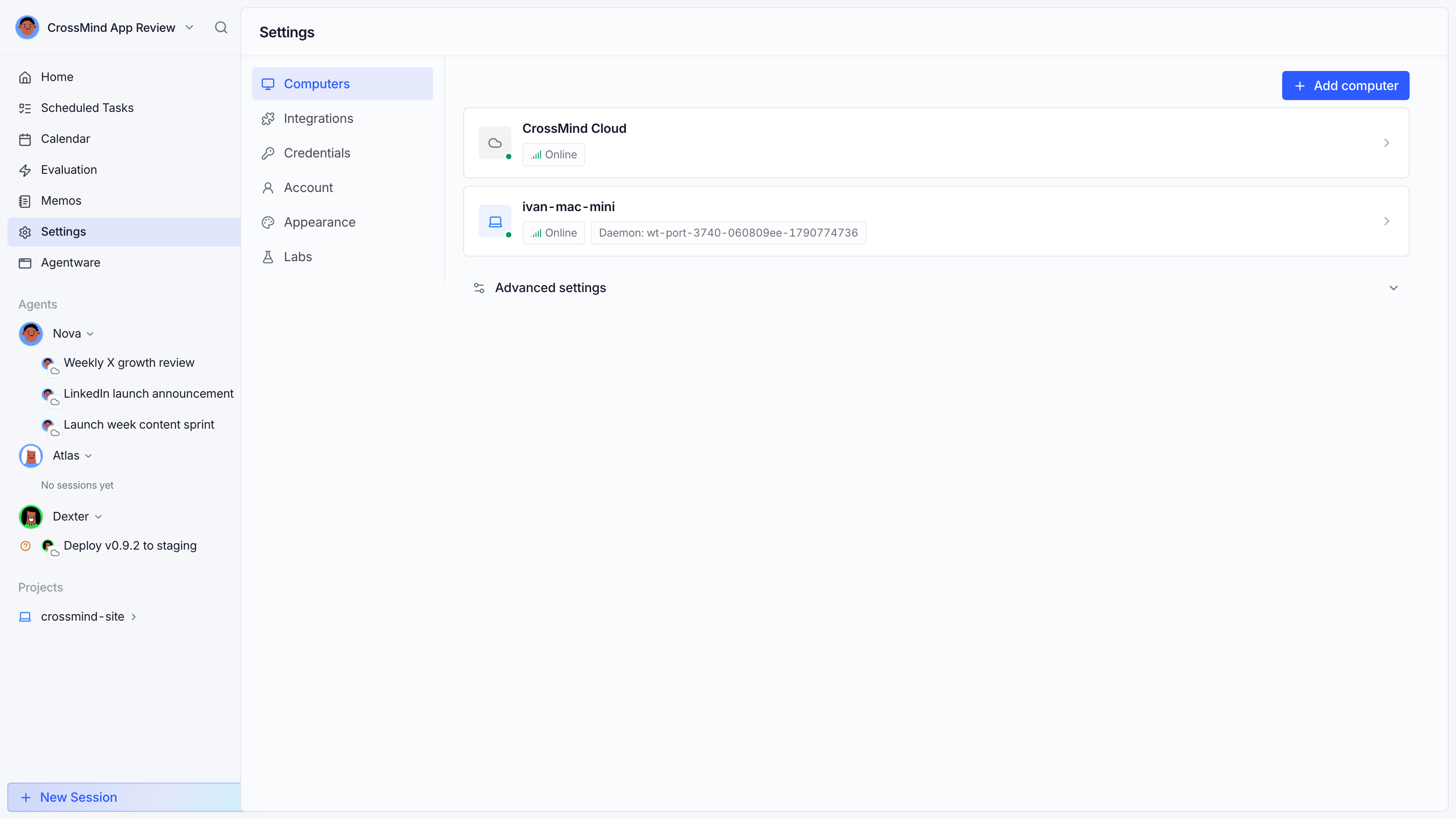 Computers list: cloud + paired host Online with runtimes