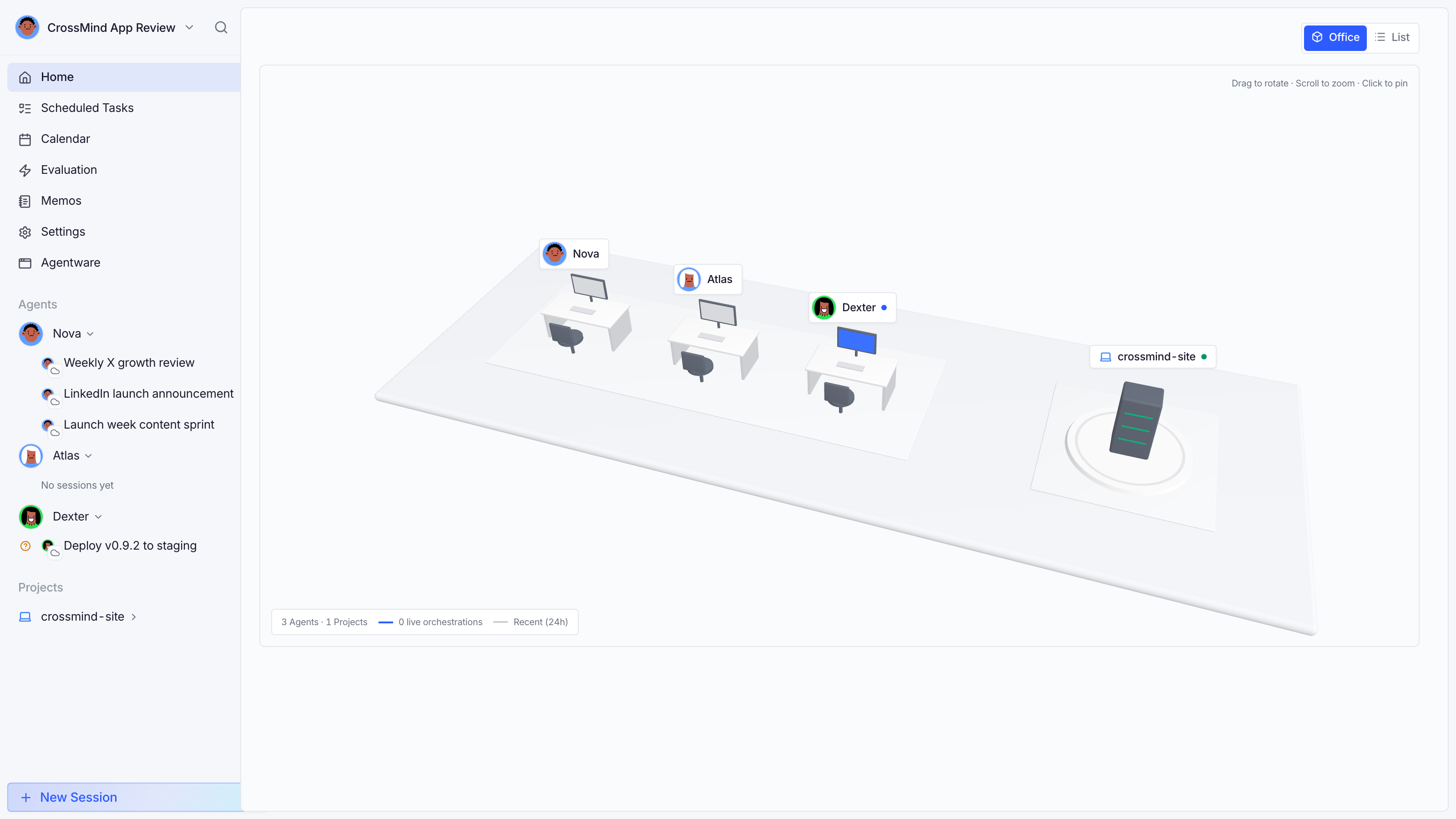 Home 3D Office view with agent desks and project rack