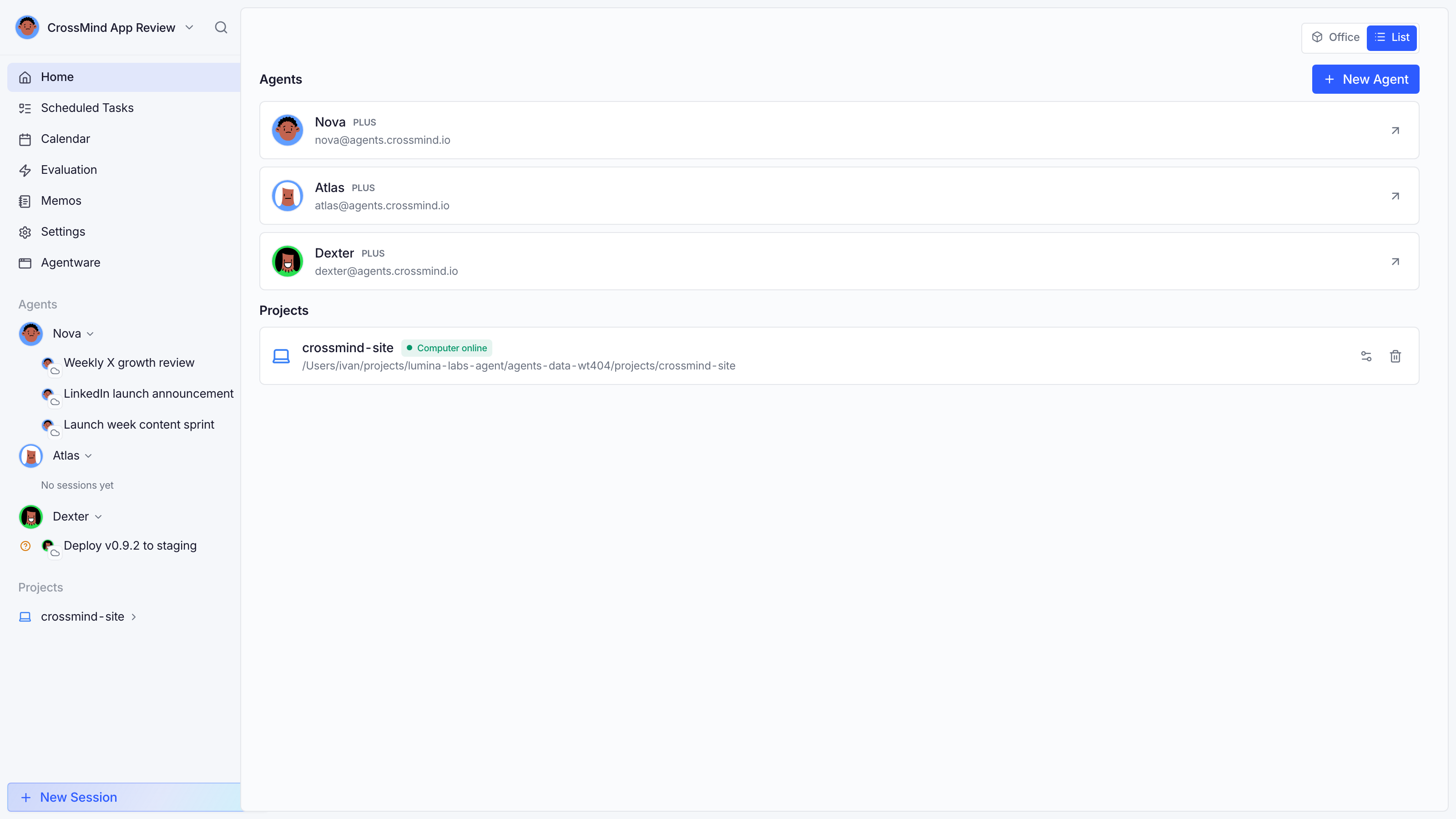 Home list view: sidebar agents + projects, list layout