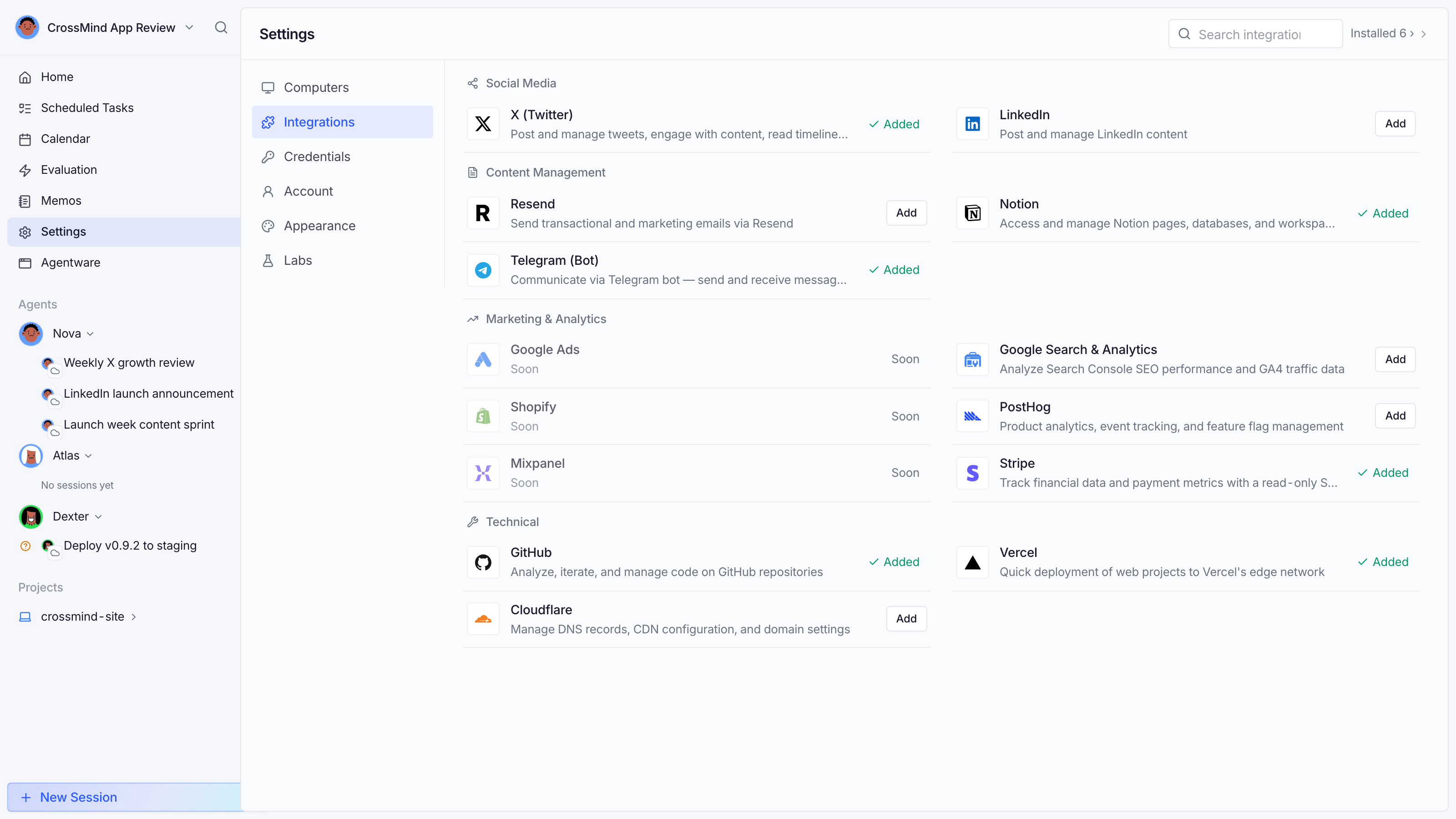 Integrations catalog: providers and connected states