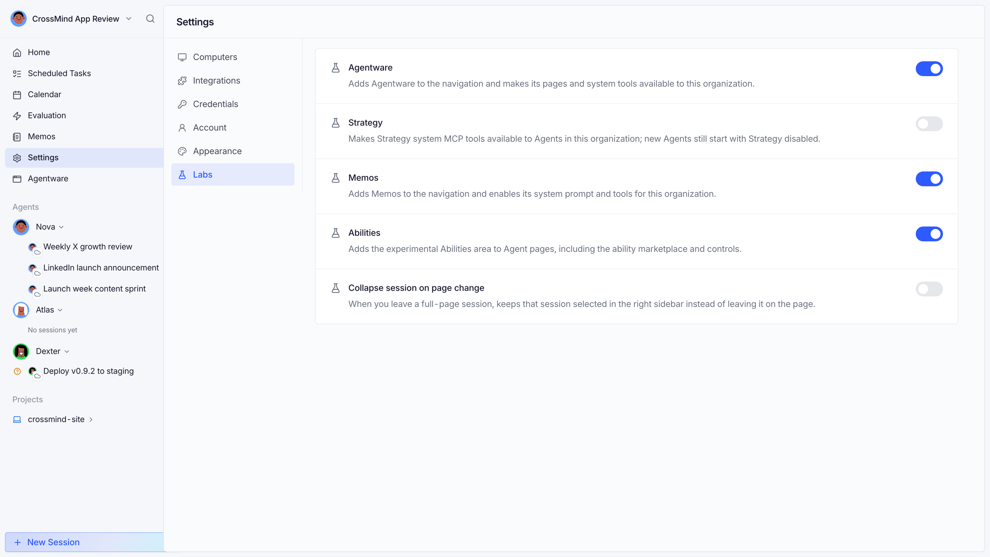 Labs page: experiment toggle list