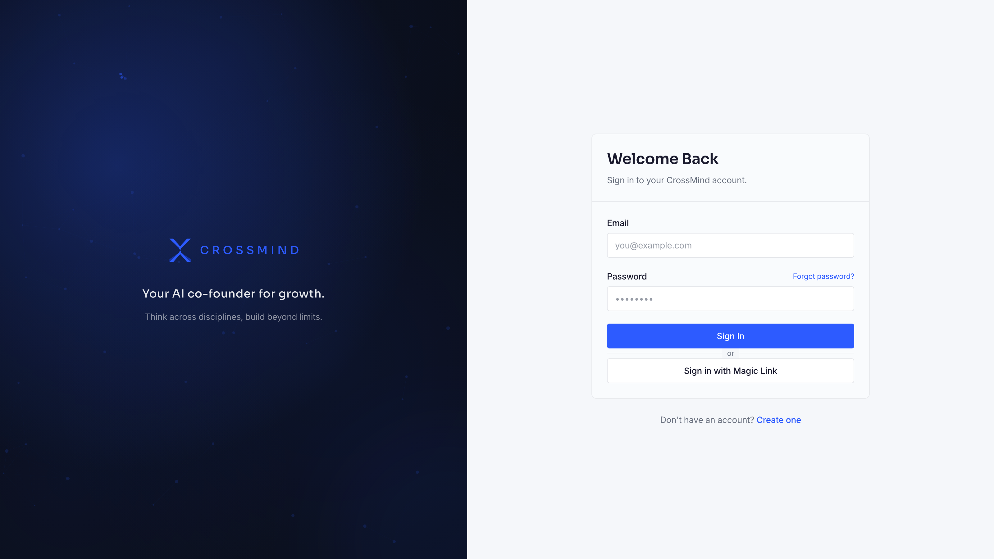 Login page: email + password form, brand panel