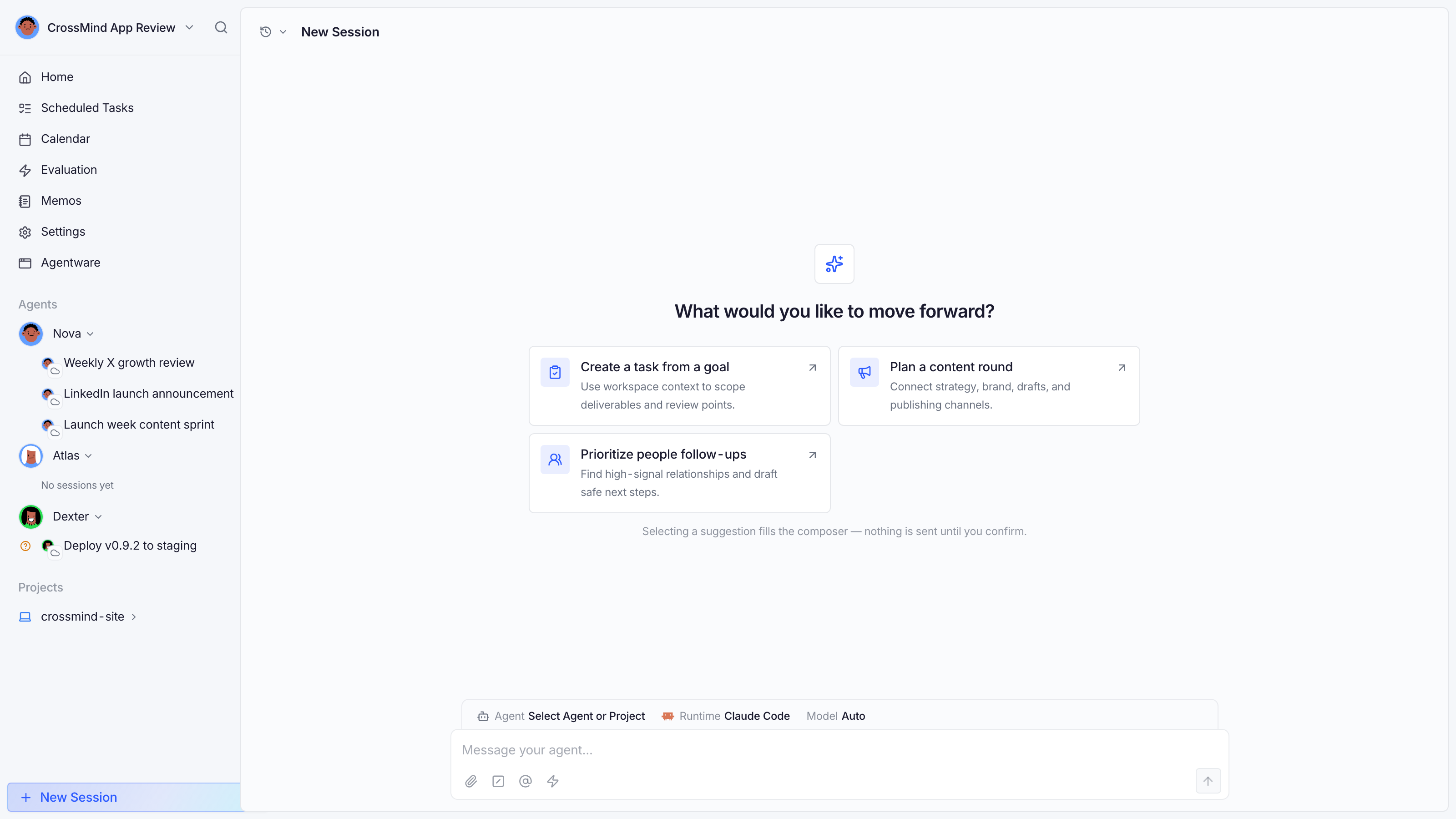 New session composer: suggestion cards, agent/runtime/model bar