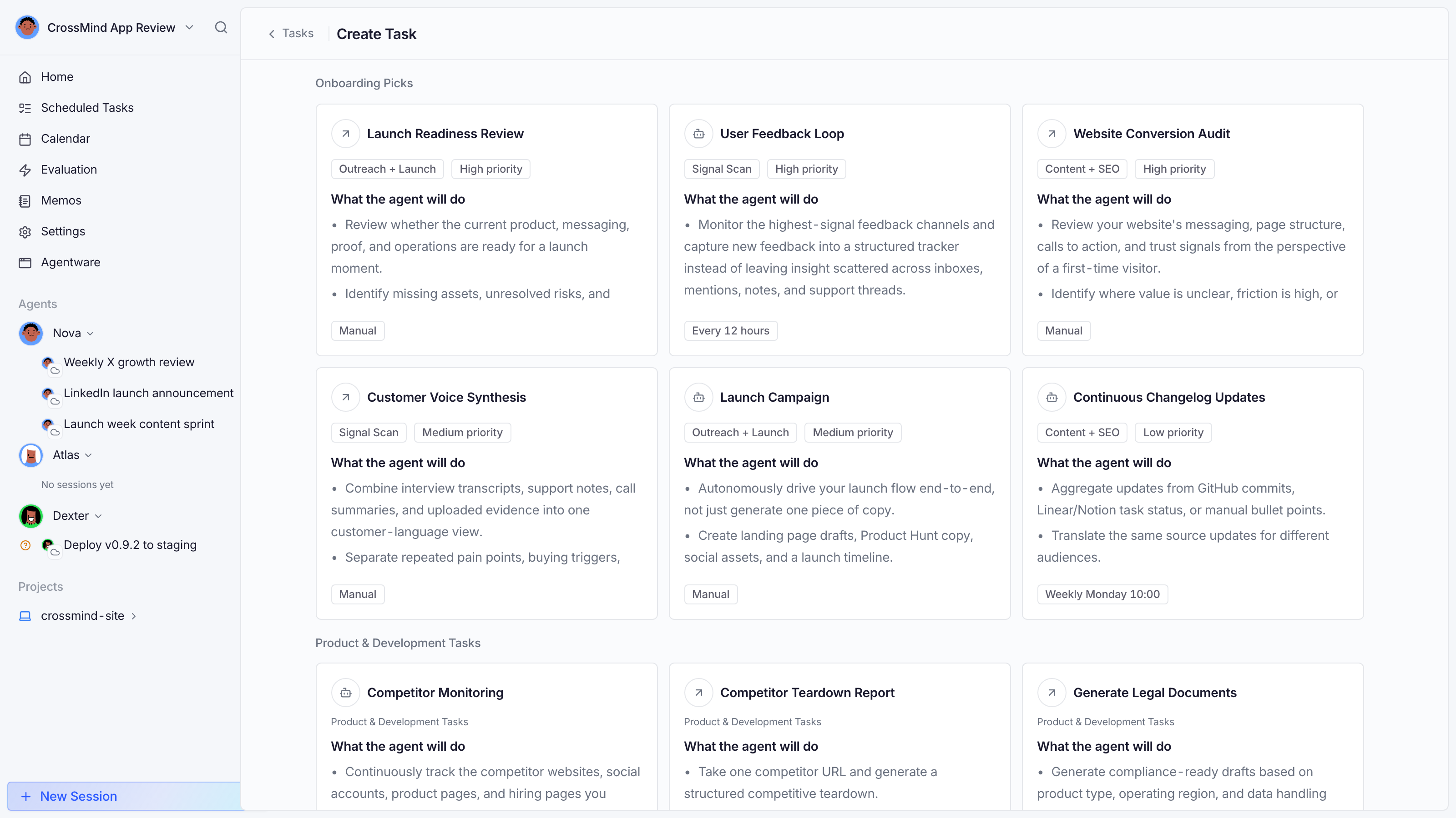Task template gallery leading to the create form