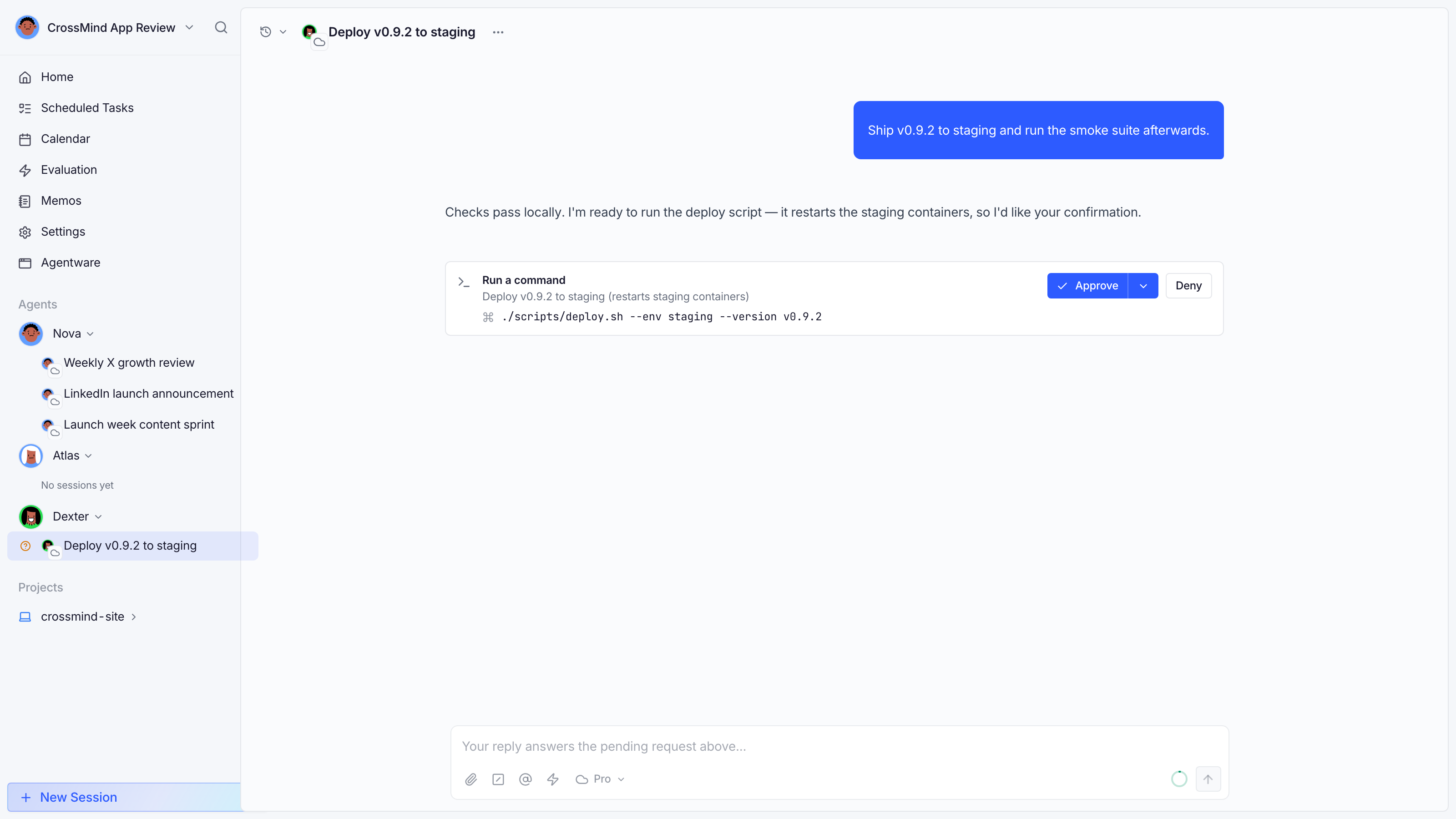 Pending Bash approval card with Approve/Deny + countdown