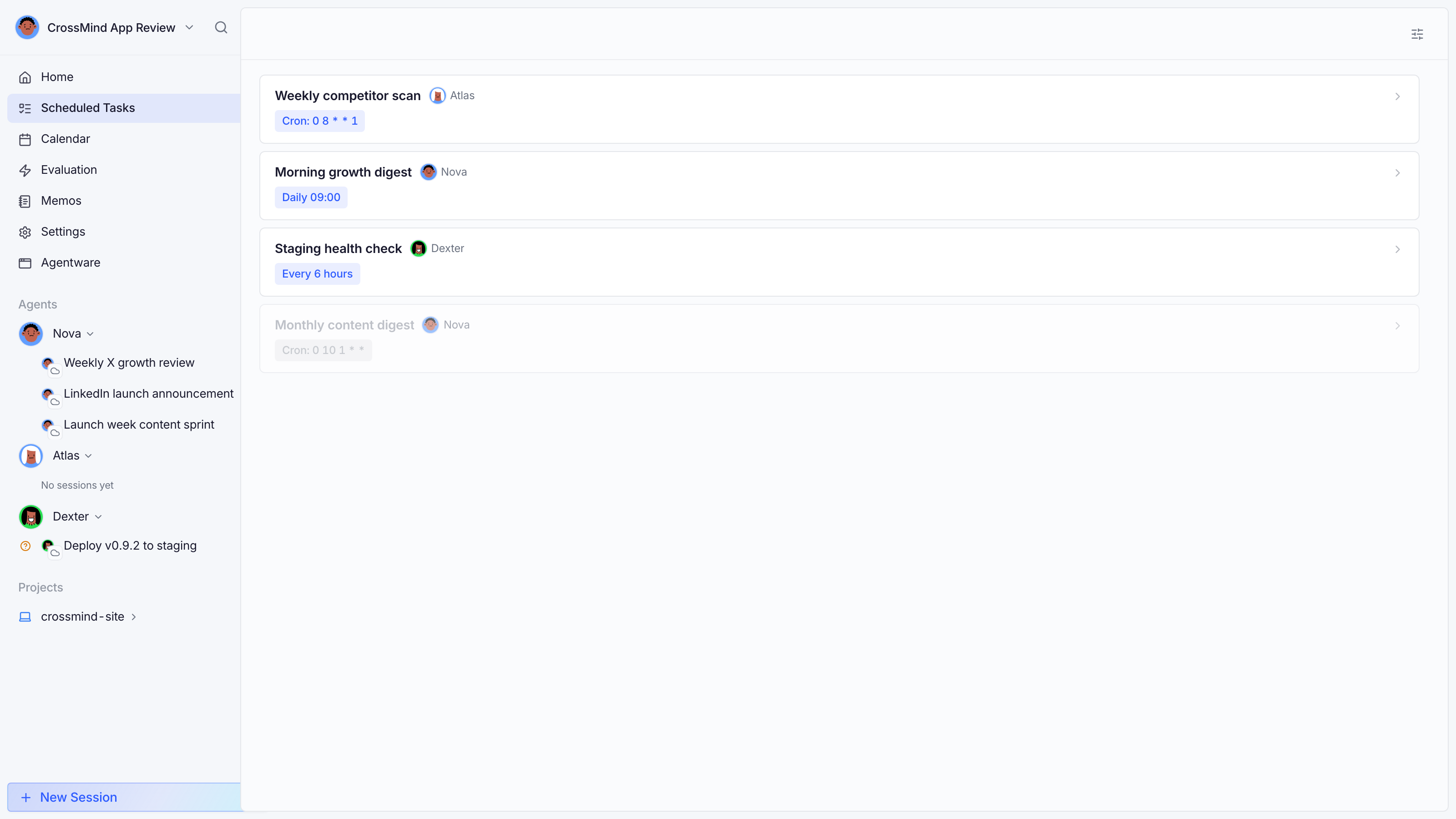 Scheduled tasks list: names, agents, schedules, next run