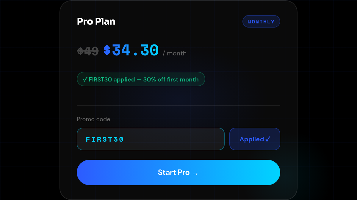 Checkout flow with FIRST30 promo code field
