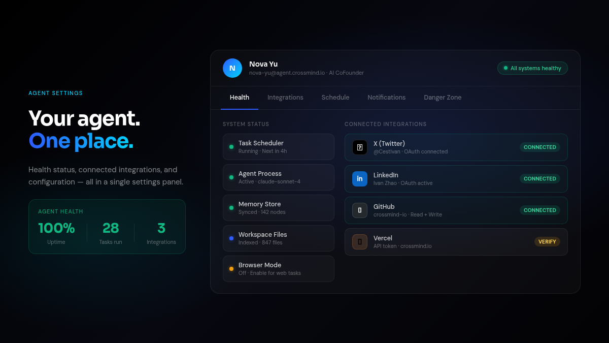 Agent health panel and integrations settings