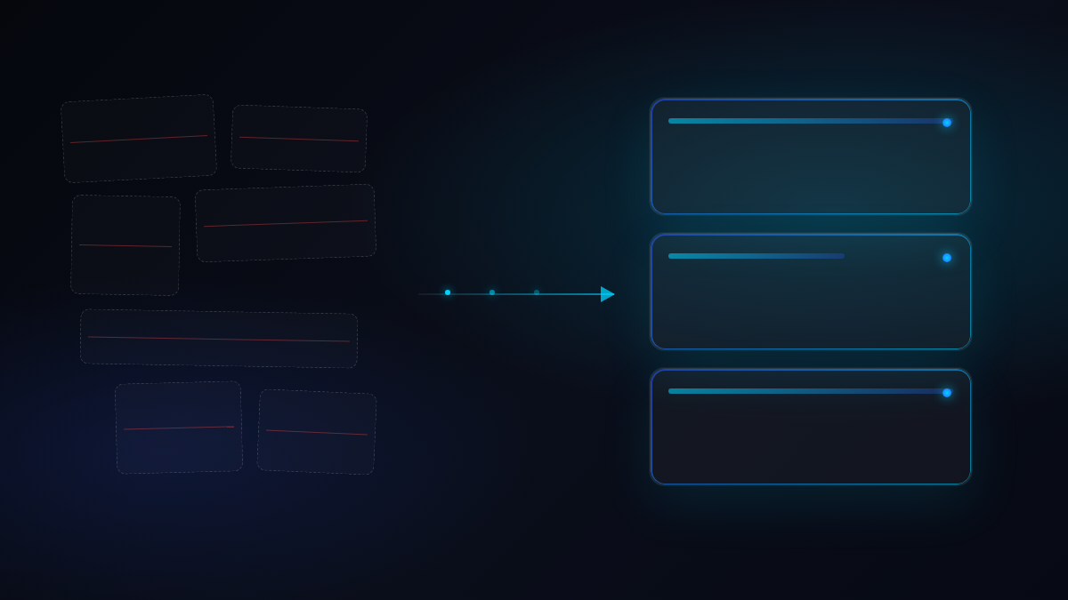 Dashboard panels collapsing from a cluttered grid into a clean, organized set